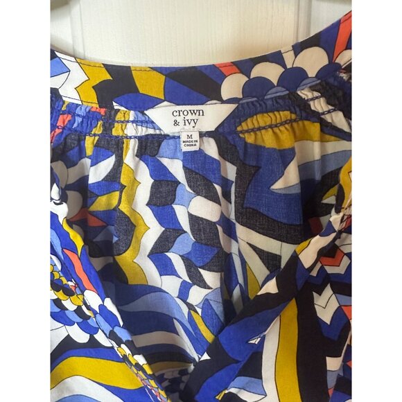 Crown & Ivy Womens Boho Style Printed Blouse Top Medium Blue Lightweight - Picture 3 of 5